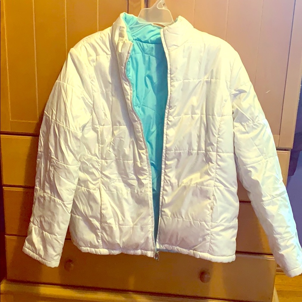 White and light blue reversible puffer jacket